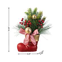 Glitzhome 14" Red Boot with Pine Needle & Berry Centerpiece