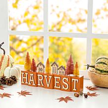 Glitzhome 14in. L Harvest Wooden House and Brush Trees Table Decor