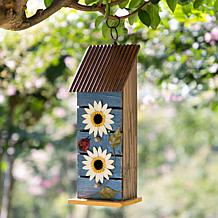 Glitzhome 15" Rustic Washed-Blue Birdhouse with Metal Daisy Accents