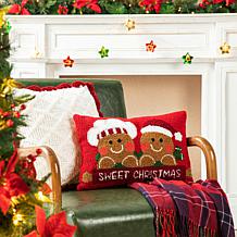 Glitzhome 18" Hooked Pillow with Gingerbread Boy and Girl