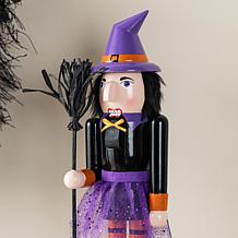 Glitzhome 18.5"H Halloween Wooden Witch Nutcracker w/ Cat Ornament
