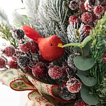 Glitzhome 21" Christmas Pine Needle & Berry Ribbon Centerpiece