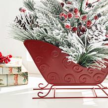 Glitzhome 21" Red Christmas Sleigh Frosted Floral Centerpiece