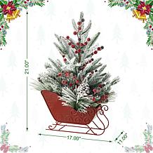 Glitzhome 21" Red Christmas Sleigh Frosted Floral Centerpiece