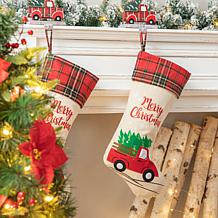 Glitzhome 21in. H Embroidered Linen Christmas Red Truck Stocking