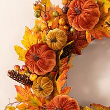 Glitzhome 23.75"D Fall Velvet Pumpkin, Pinecone & Berry Wreath