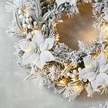 Glitzhome 24" D LED Flocked Greenery Pine Poinsettia Christmas Wreath