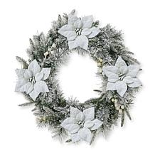 Glitzhome 24" D LED Flocked Greenery Pine Poinsettia Christmas Wreath