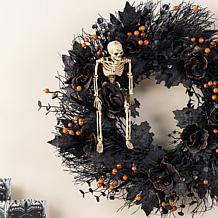 Glitzhome 24"D Halloween Black Rose, Skeleton & Berry Wreath w Hanger