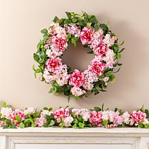 Glitzhome 24"D Pink Hydrangea, Peony & Cherry Wreath