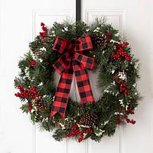 Glitzhome 24in D Snow Berry Twig Ball Pinecone Holly Pine Wreath