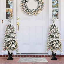 Glitzhome 2pk 4"H Flocked Fir Artificial Christmas Trees w/100 Lights
