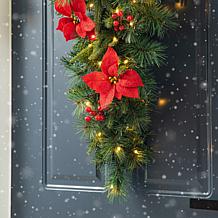 Glitzhome 3' Pine Poinsettia & Red Berries Christmas Teardrop Swag