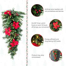 Glitzhome 3' Pine Poinsettia & Red Berries Christmas Teardrop Swag