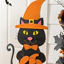 Glitzhome 30"H Halloween Wooden Lighted Witch Cat Porch Decor w/Timer