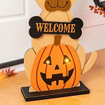 Glitzhome 30"H Halloween Wooden Lighted Witch Dog Porch Decor w/Timer