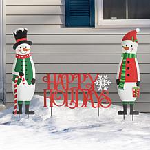 Glitzhome 3pc 32"H Christmas Metal Snowmen w/Happy Holidays Yard Sign