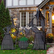 Glitzhome 3pc Lighted Halloween Witches w Cauldron Outdoor Décor