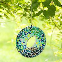 Glitzhome 8''D Glass Round Hanging Blue/Green Mosaic Birdfeeder