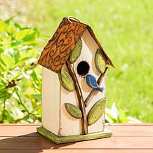 Glitzhome 9.75" Distressed Solid Wood Birdhouse with Leaves