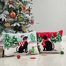 Glitzhome Set of 2 18in. L Hooked Christmas Cat and Dog Pillow