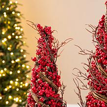 Glitzhome Set of 2 24"/16"H Christmas Red Berry Rattan Table Tree
