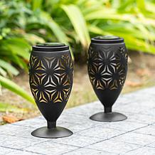 Glitzhome Set of 2 Black Metal Cutout Geometric Solar Outdoor Lantern
