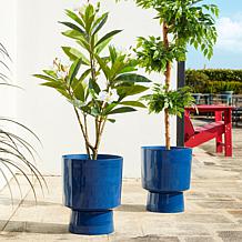 Glitzhome Set of 2 Cobalt Blue Faux Ceramic Urn Plastic Planters