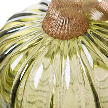 Glitzhome Set of 2 Green and Amber Crackle Glass Short Pumpkin