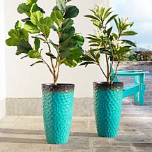 Glitzhome Set of 2 Honeycomb Textured Turquoise Tall Plastic Planters