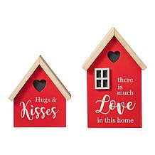 Glitzhome Set of 2 Lighted Valentine's Wooden House-shaped Table Decor