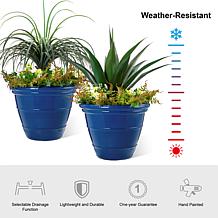 Glitzhome Set of 2 Round Cobalt Blue Faux Ceramic Pot Plastic Planter