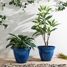 Glitzhome Set of 2 Round Cobalt Blue Faux Ceramic Pot Plastic Planter