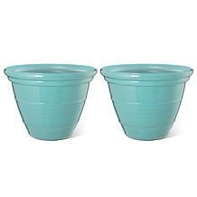Glitzhome Set of 2 Round Turquoise Faux Ceramic Pot Plastic Planter