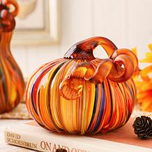 Glitzhome Set of 3 Multi Striped Glass Pumpkin and Gourd