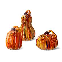 Glitzhome Set of 3 Multi Striped Glass Pumpkin and Gourd