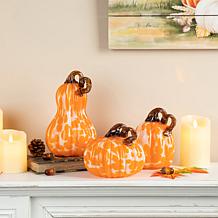 Glitzhome Set of 3 Orange Glass Pumpkin and Gourd