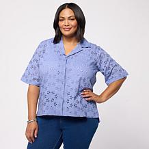 HUE Button-Front Cotton Eyelet Top