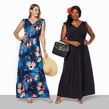 IMAN Global Chic Cinched Shoulder V-Neck Maxi Dress