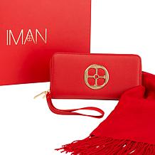 Iman Global Chic Logo Wallet Wristlet and Fringed Scarf Gift Set