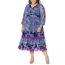 IMAN Global Chic Mixed Print Tiered Mesh Midi Statement Dress