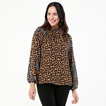 IMAN Global Chic Mock Neck Balloon Sleeve Printed Blouse