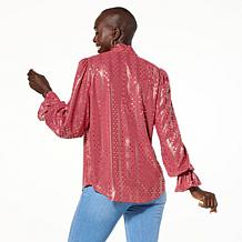 IMAN Global Chic Woven Neck Tie Blouse with Bell Cuffs