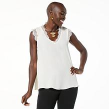 IMAN Global Chic Woven V-Neck Tank Top with Lace Trim