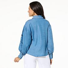 Jaclyn Smith Embroidered Cutout Button-Up Poplin Shirt - Medium Wash