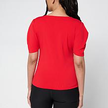 Jaclyn Smith Fine Ribbed Knit Pleated Puff-Sleeve Tee