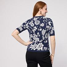 Jaclyn Smith Jacquard Sweater Knit Tee with Button Detail