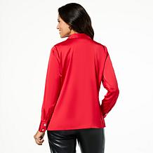 Jaclyn Smith Jeweled Button Front Satin Top