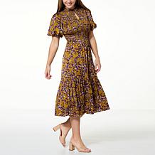 La Joie Bubble-Sleeve Smocked Bodice Satin Midi Dress
