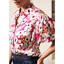 La Joie Flutter-Sleeve Button Front Printed Blouse